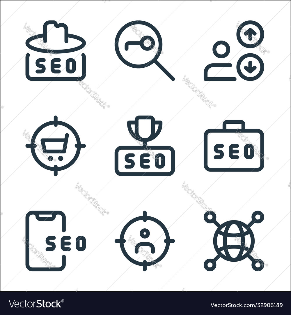 Web apps seo line icons linear set quality vector image Web apps seo line icons linear set quality