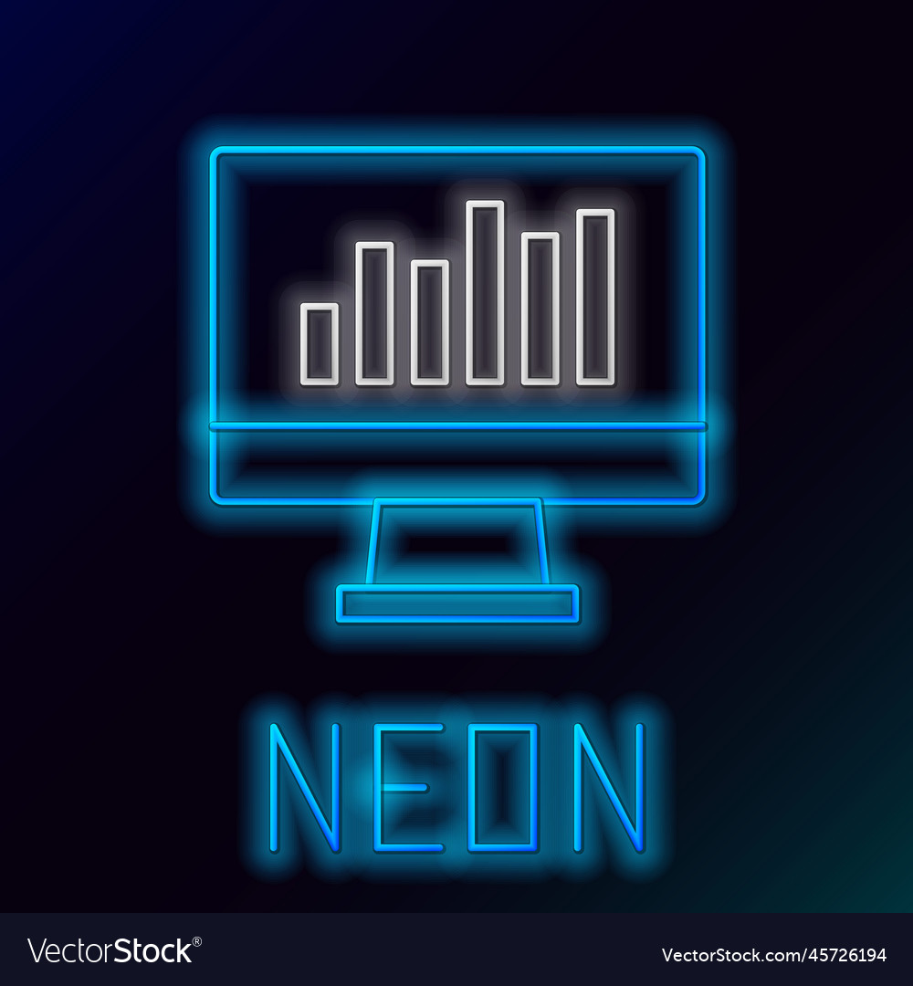 Glowing neon line computer monitor with graph vector image Glowing neon line computer monitor with graph