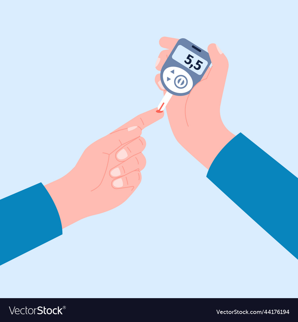 Glucose blood test doing hands with glucometer Vector Image