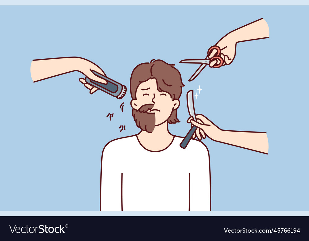 Hands with scissors and shaving devices around man