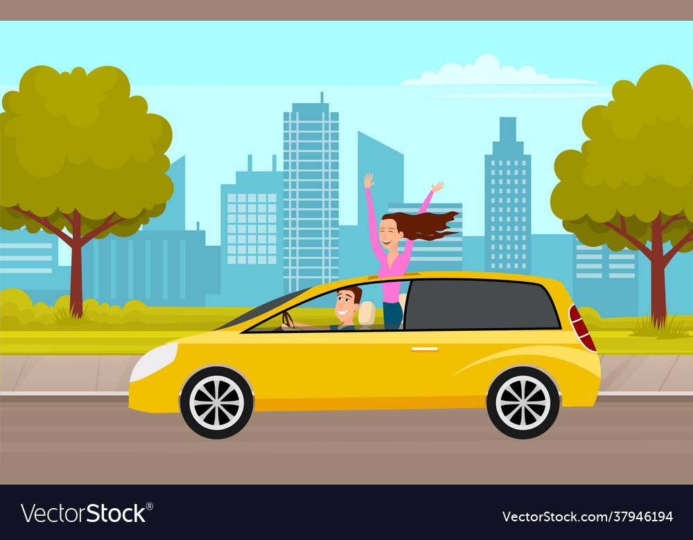 Modern car parking along town street in cartoon Vector Image