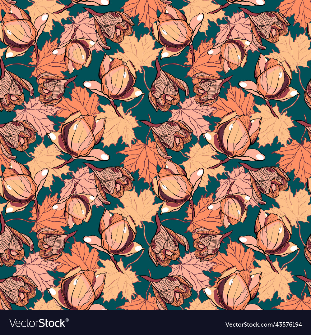 Pattern with magnolia and crocus
