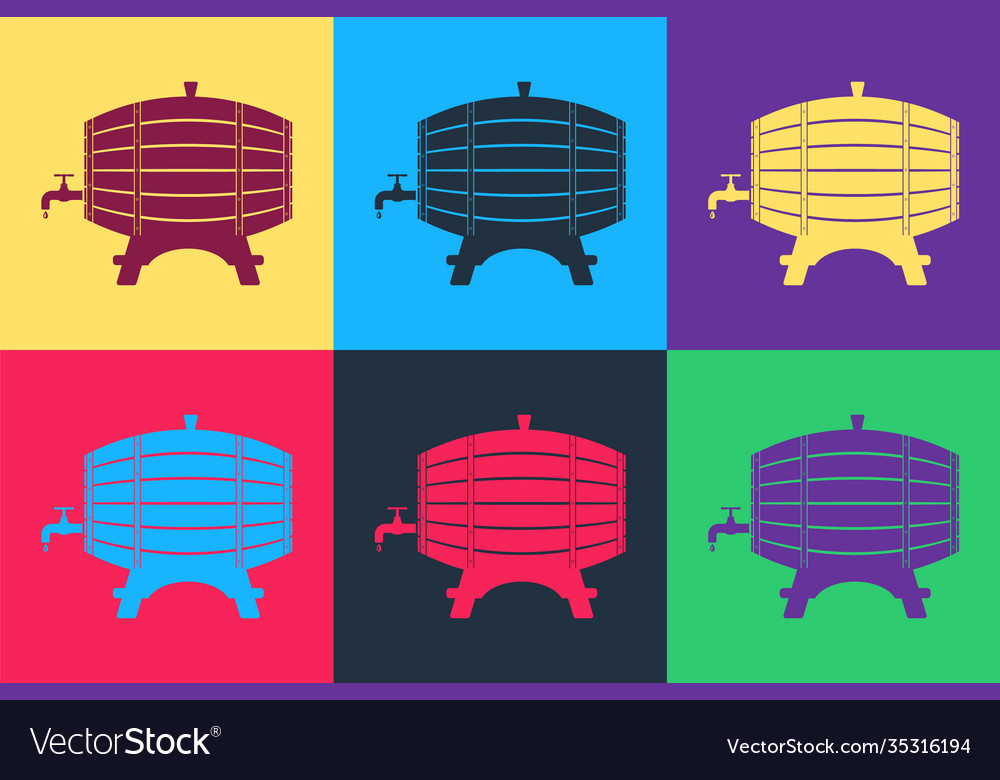 Pop art wooden barrel on rack with stopcock icon