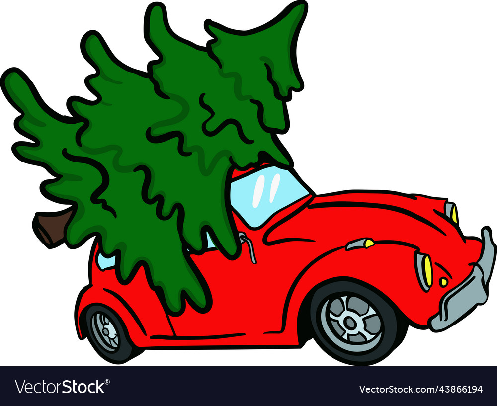 Red retro car with green christmas tree