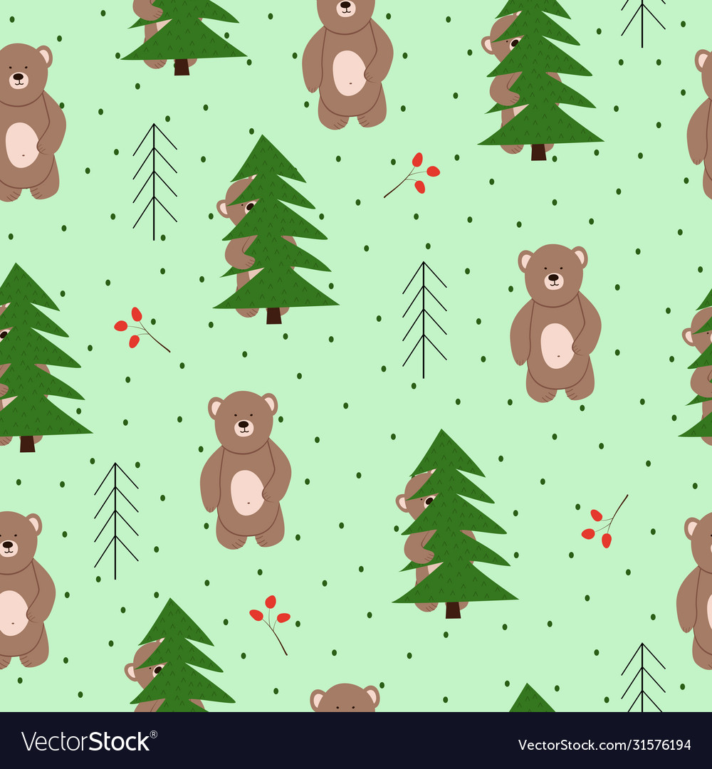 Seamless pattern with bears in forest