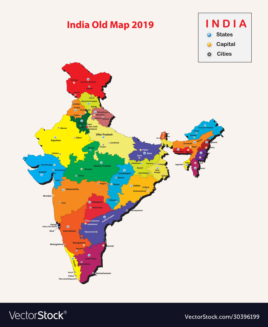 India State Map With Capital States Capital And Cities In India Popular Cities Vector Image