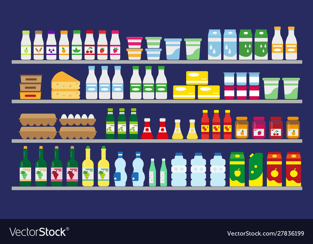 Supermarket shelves with food and drinks Vector Image