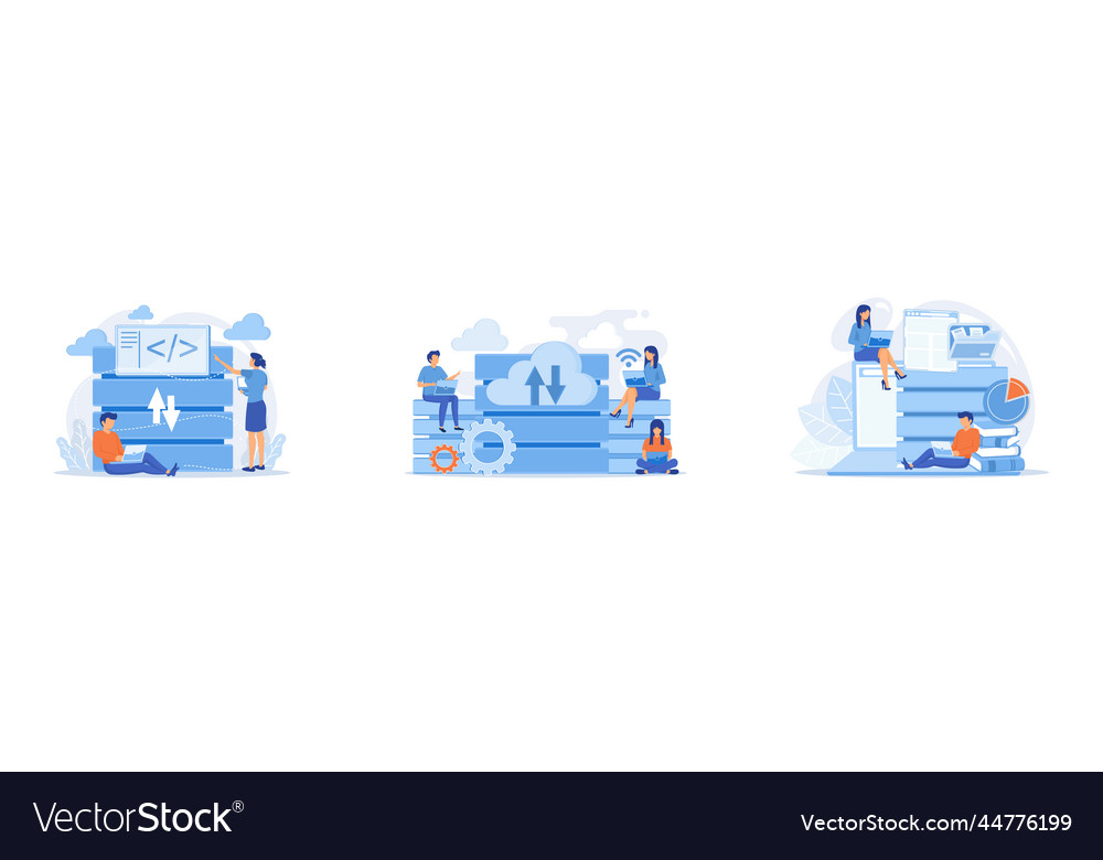 Two developers working with big data technology vector image Two developers working with big data technology