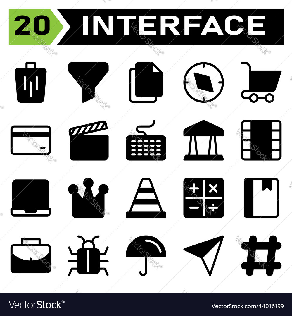 User interface icon set include bin trash basket