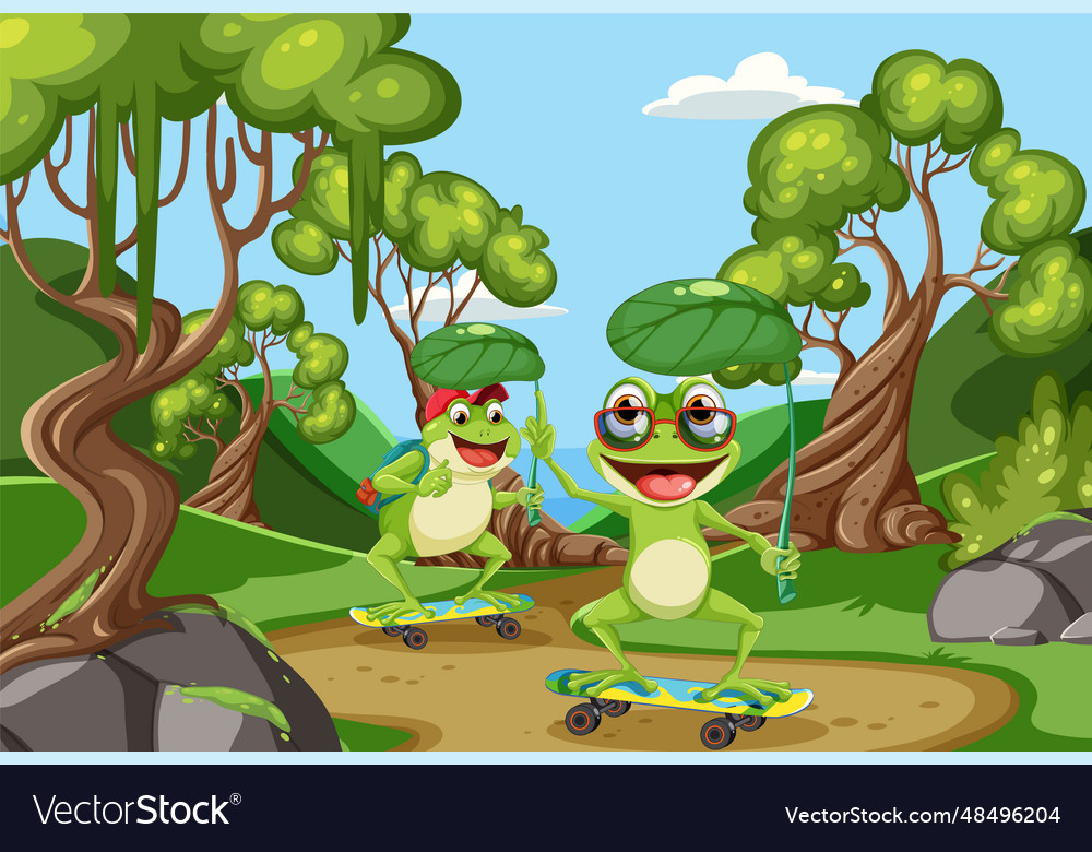 Cartoon frogs in the forest