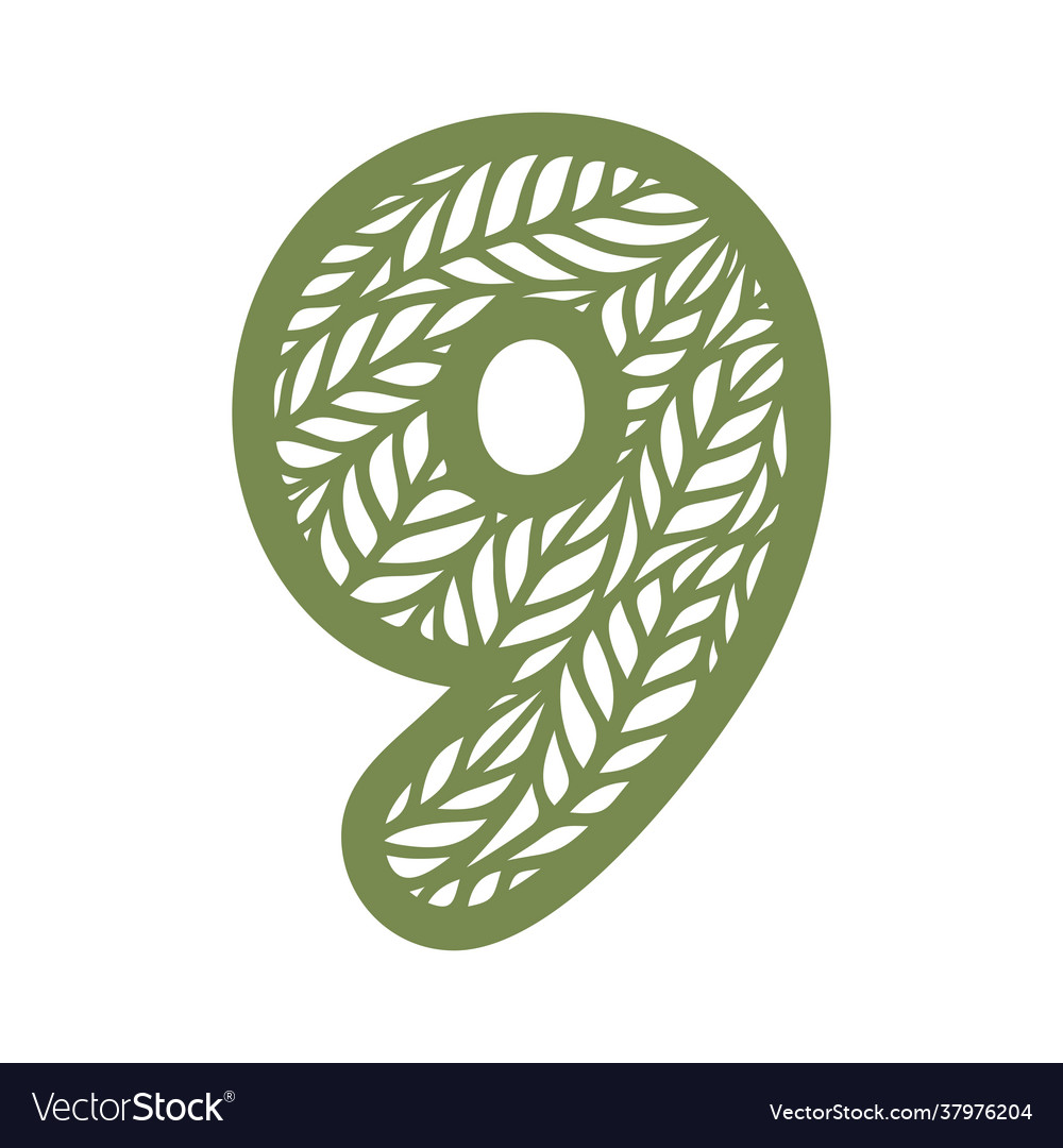 Number 9 nine with leaf pattern vector image Number 9 nine with leaf pattern