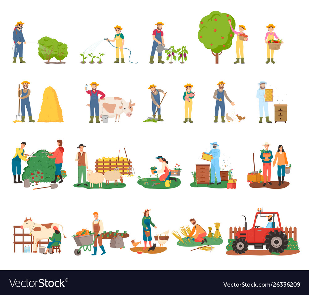 Farmers busy with farming and agricultural works Vector Image