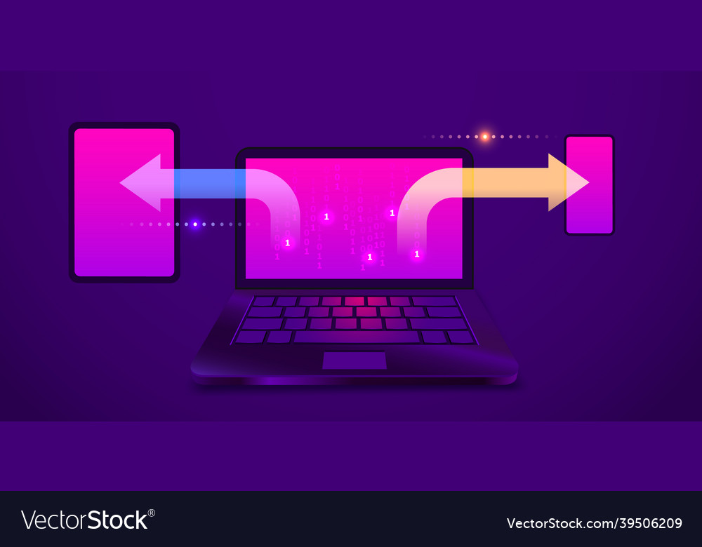 Synchronization of data between devices laptop vector image Synchronization of data between devices laptop