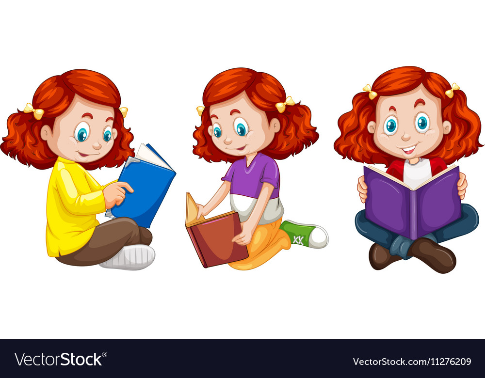 Three actions of girl reading book Royalty Free Vector Image