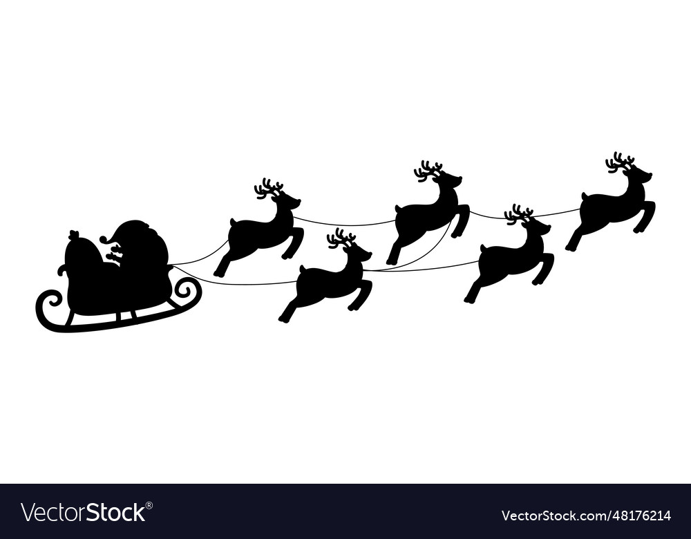 Black silhouette santa claus in trolley and deer Vector Image