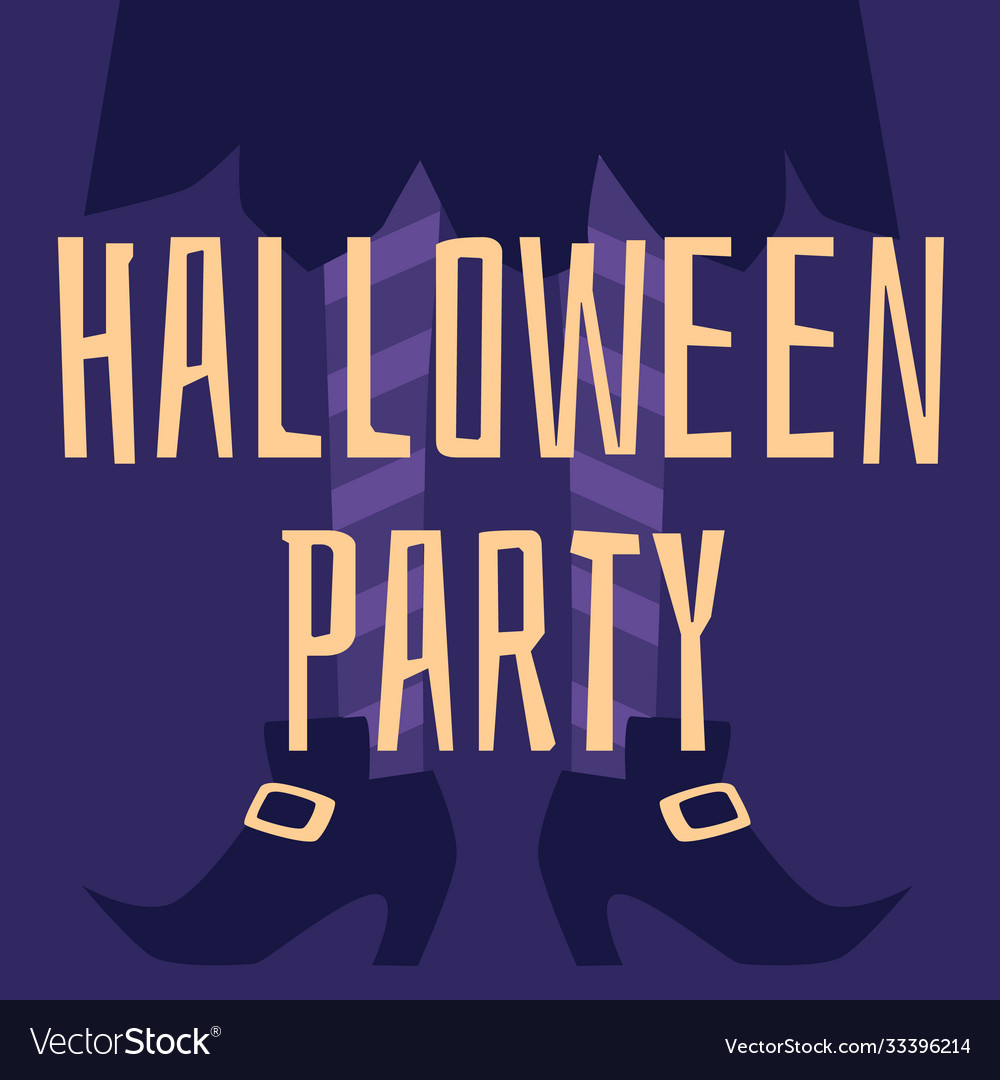 Halloween party banner with witch legs on violet