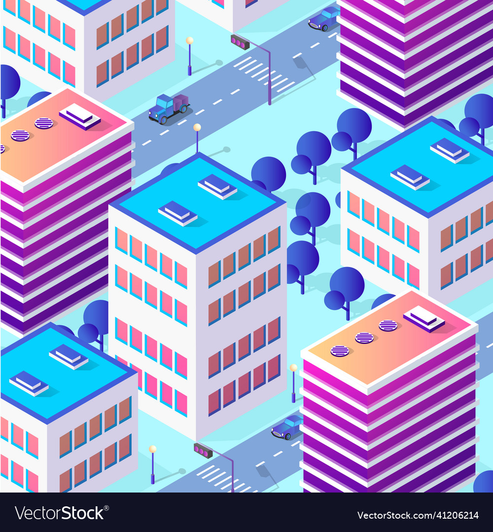 Isometric purple blue view of the city Royalty Free Vector