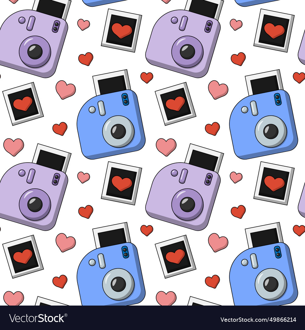 Seamless pattern with instant camera and heart