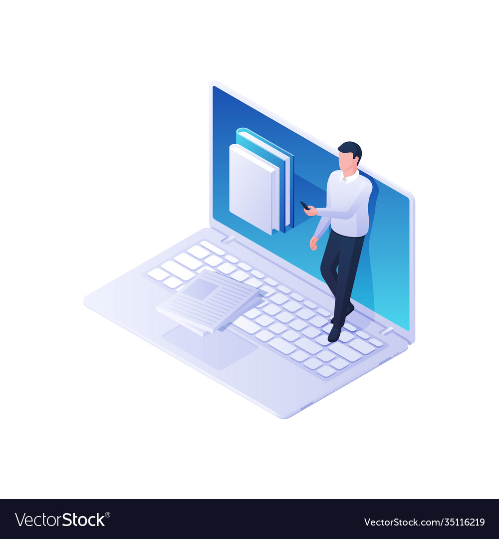 Man leafing through online library application vector image Man leafing through online library application