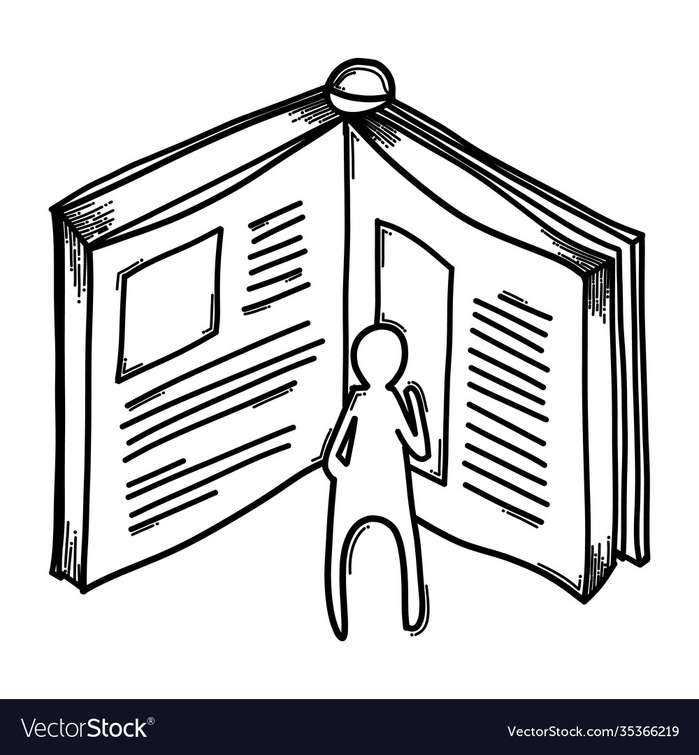 Small person reading a big book doodle icon