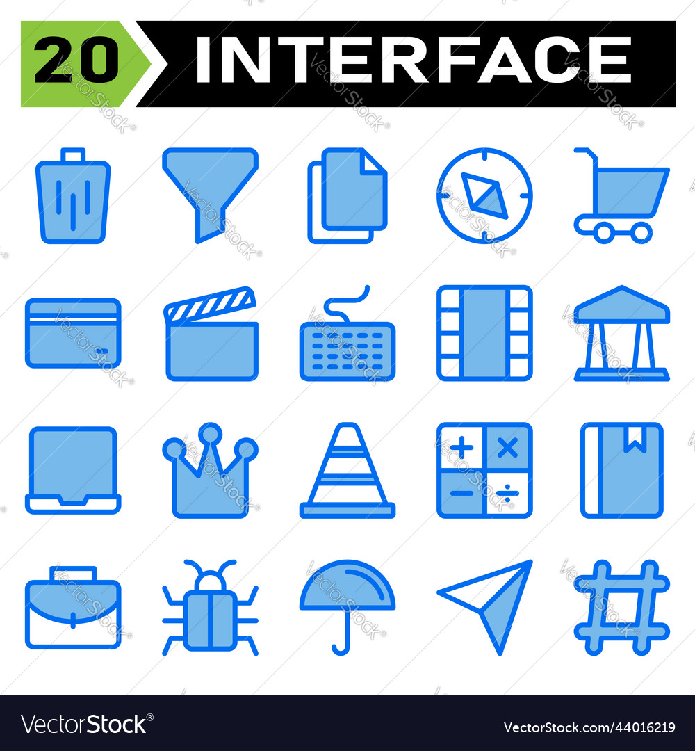User interface icon set include bin trash basket