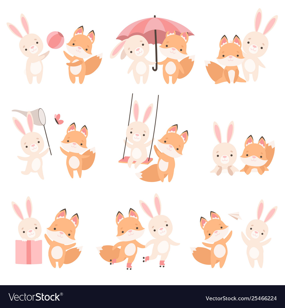 Cute Bunny and Fox Cub Playing Together