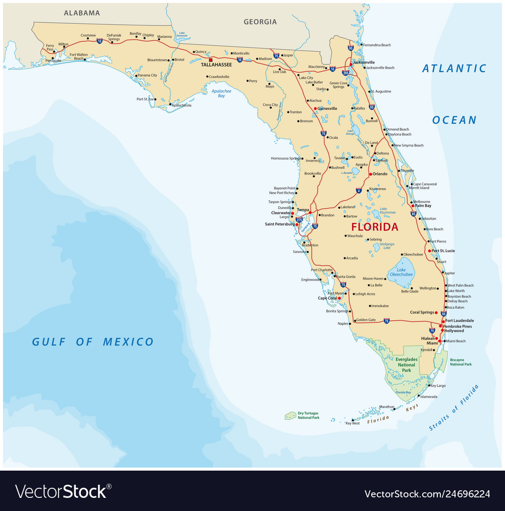 National Parks In Florida Map Florida road map with national parks Royalty Free Vector