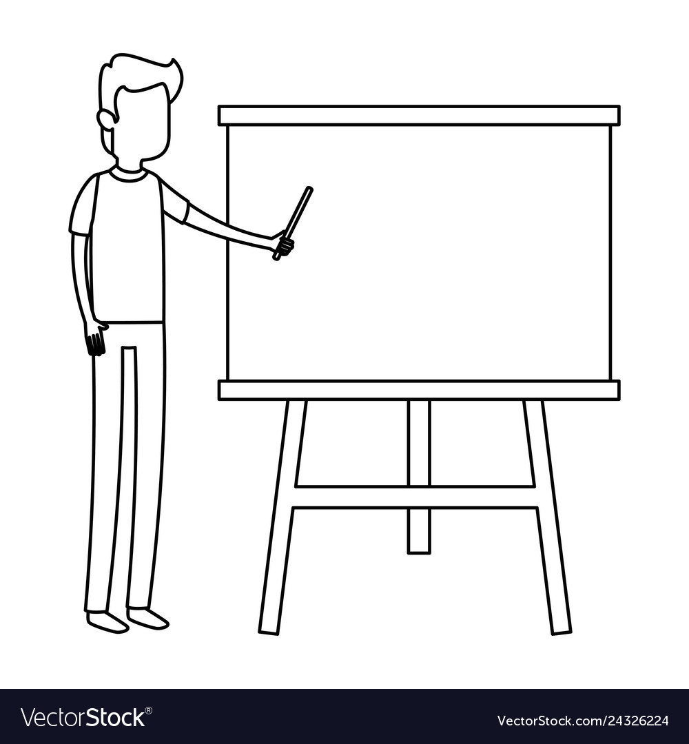 Man teaching with paperboard character