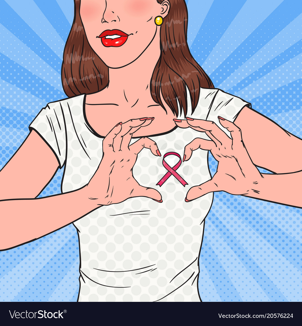 Pop art happy woman showing pink ribbon on chest Vector Image