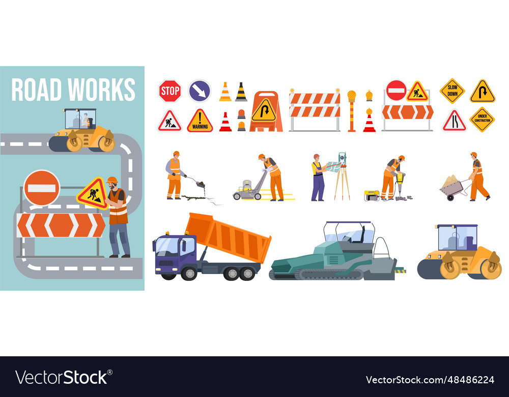 Road repair flat composition Royalty Free Vector Image