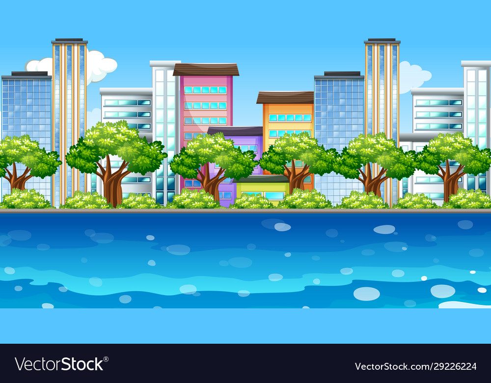 Scene with buildings along river Royalty Free Vector Image