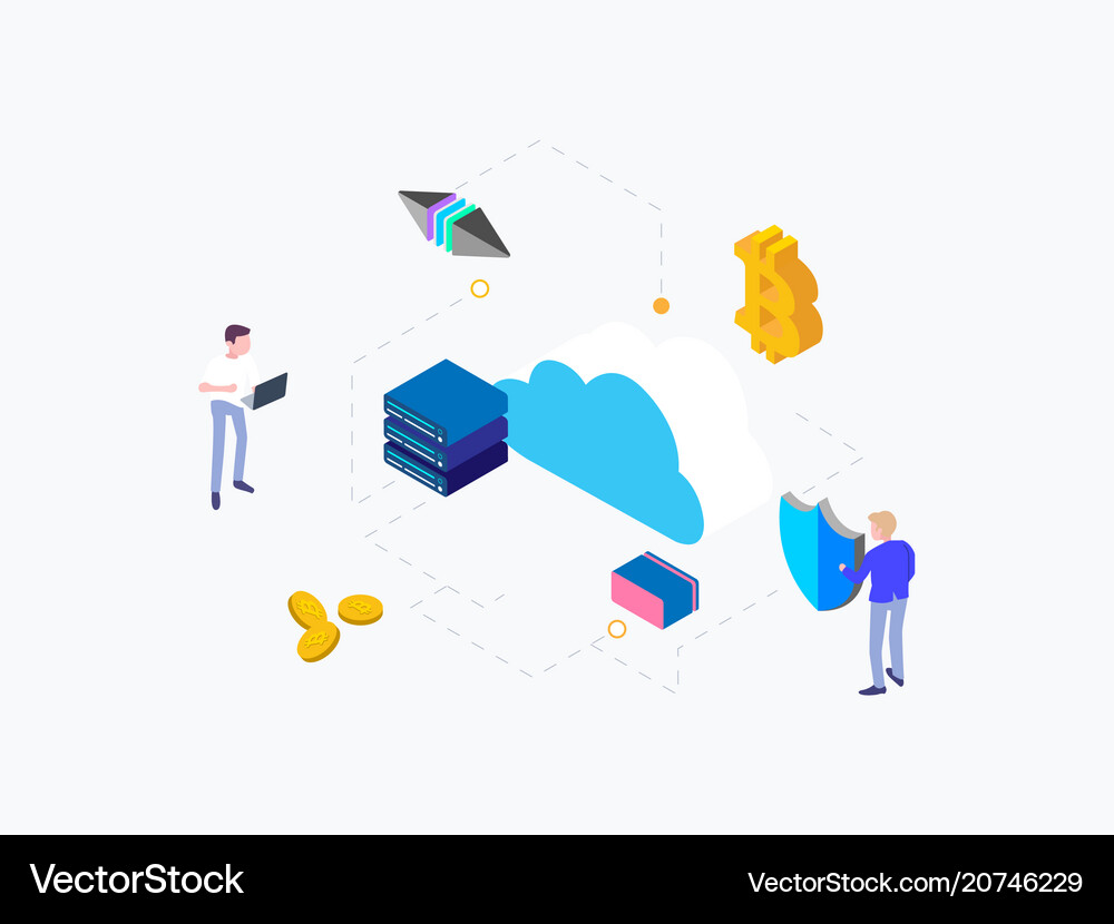 Cloud mining cryptocurrency isometric Royalty Free Vector