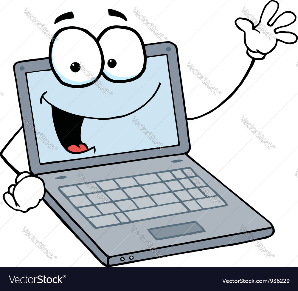 Laptop cartoon character waving a greeting