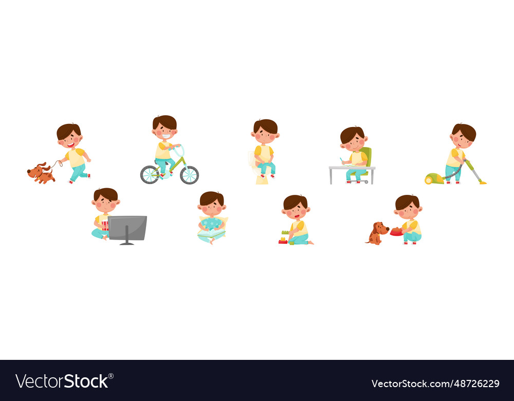 Little boy enjoying different daily activity Vector Image