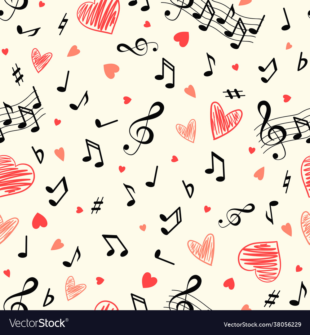 Seamless pattern with hearts and notes on white vector image Seamless pattern with hearts and notes on white