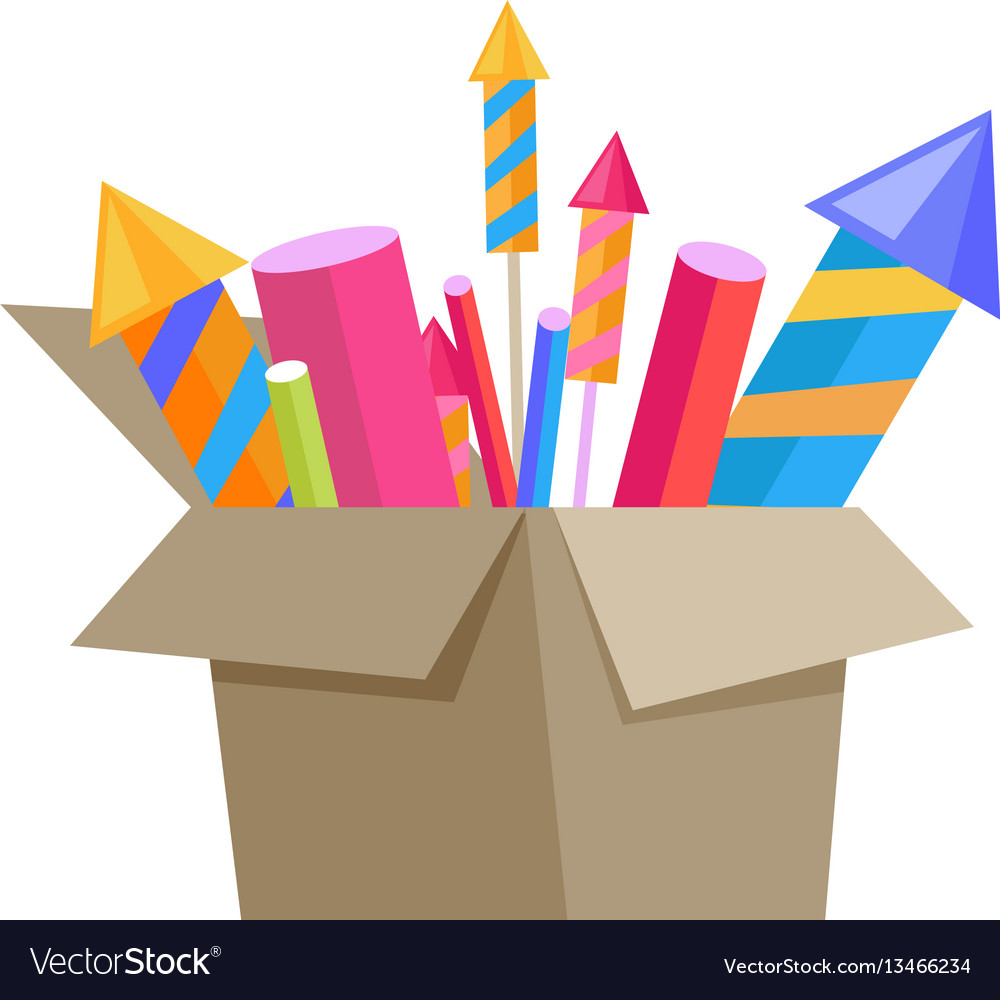 Carton box full of pyrotechnics isolated on white vector image Carton box full of pyrotechnics isolated on white