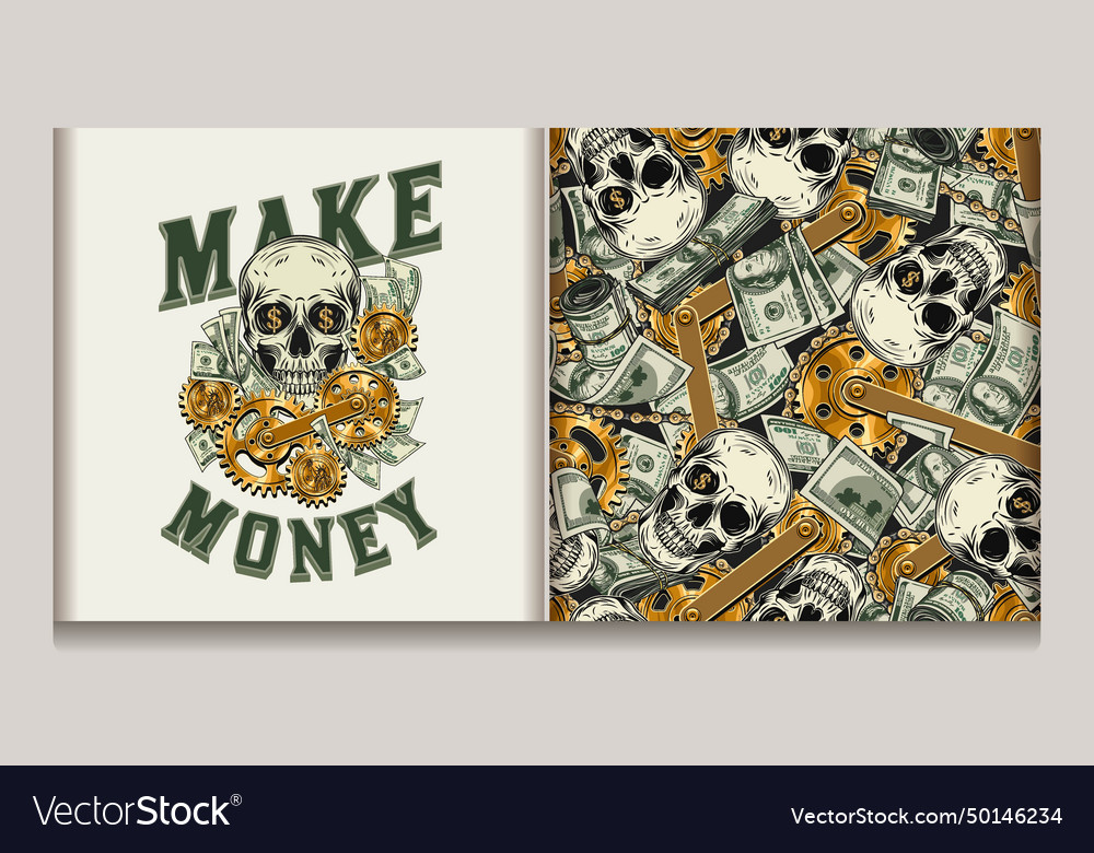 Pattern label with skull 100 dollar notes gears