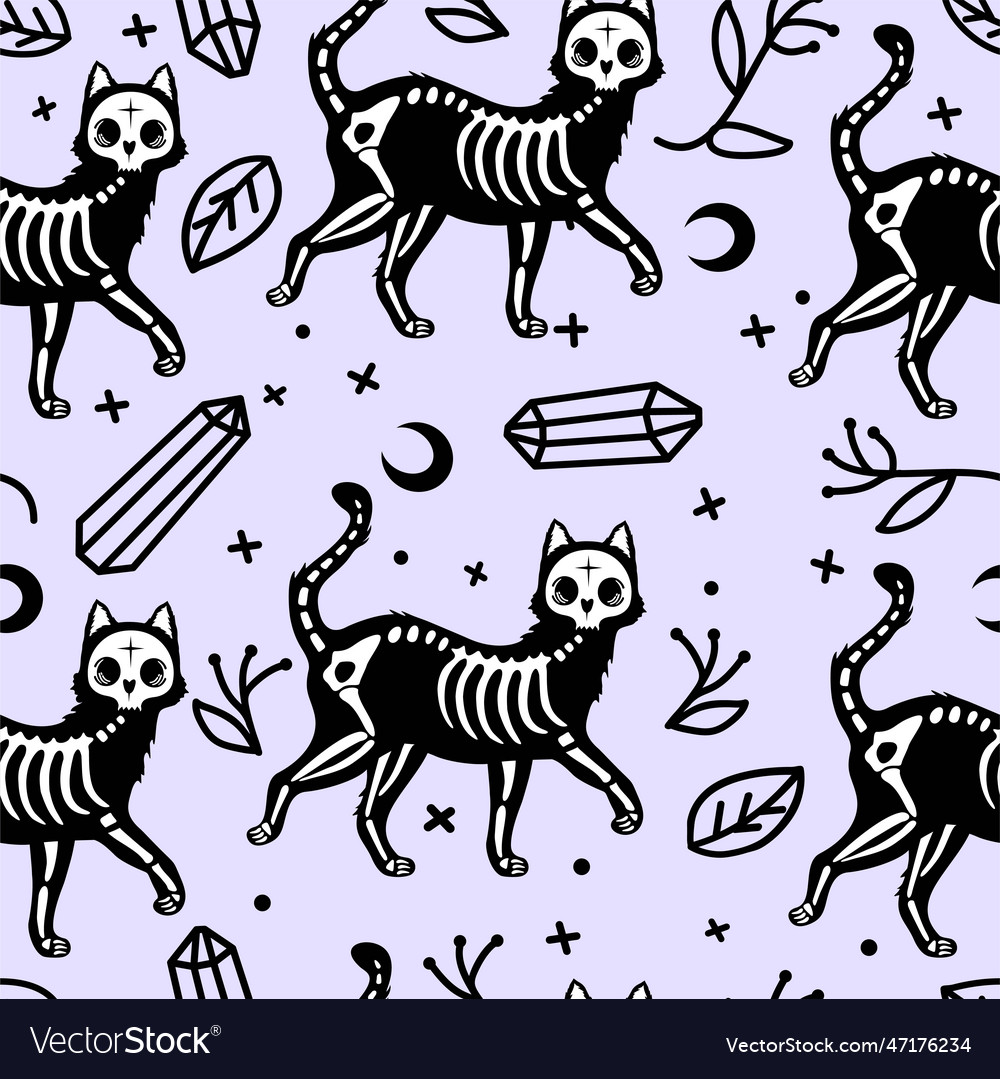 Seamless pattern with cute cat skeletons vector image Seamless pattern with cute cat skeletons