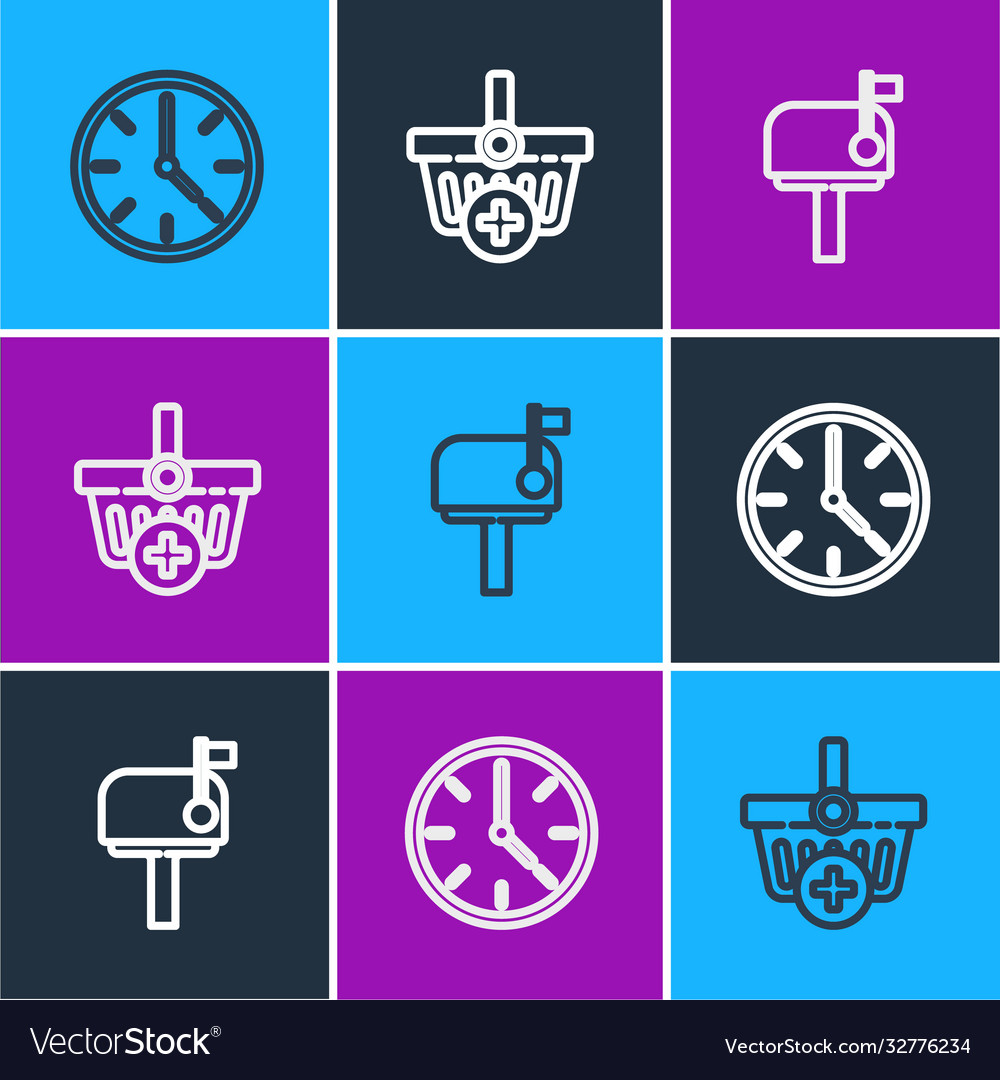 Set line clock mail box and add to shopping Vector Image Set line clock mail box and add to shopping