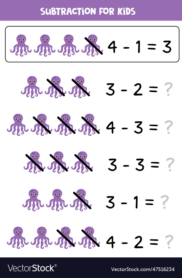 Subtraction with cute purple octopus educational Vector Image