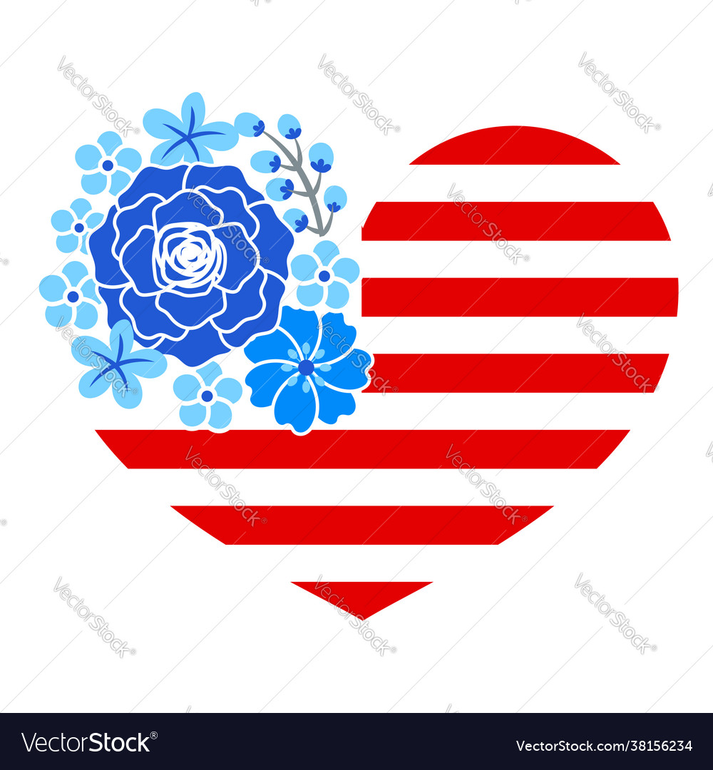 Usa flag in heart shape with flowers - independenc vector image Usa flag in heart shape with flowers - independenc