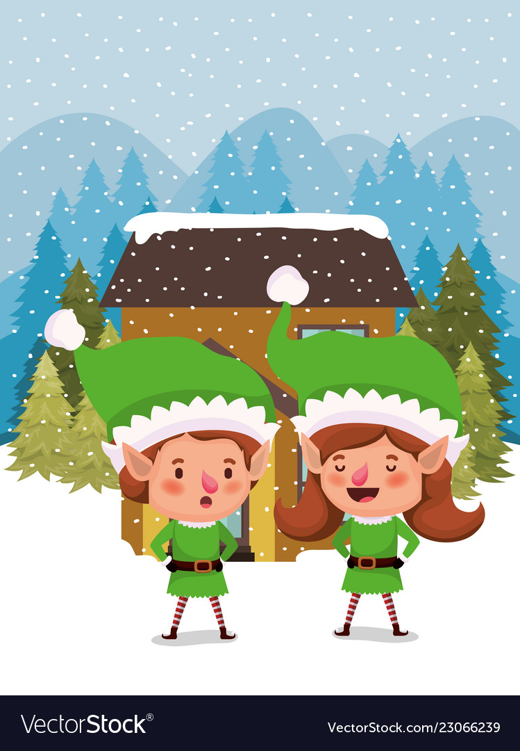 Paar santa Helfer in Schneelandschaft vector image Paar santa Helfer in Schneelandschaft