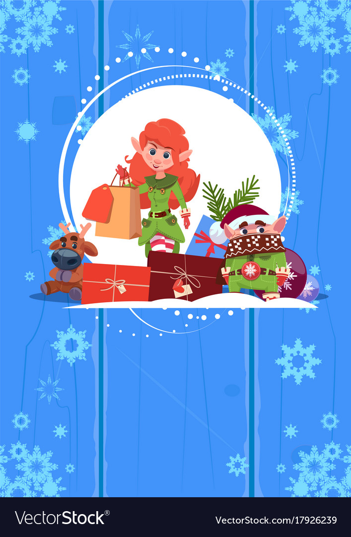 Cute elf on happy new year greeting card merry