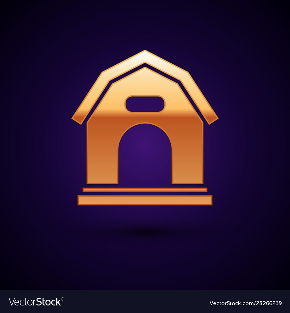 Gold dog house icon isolated on dark blue