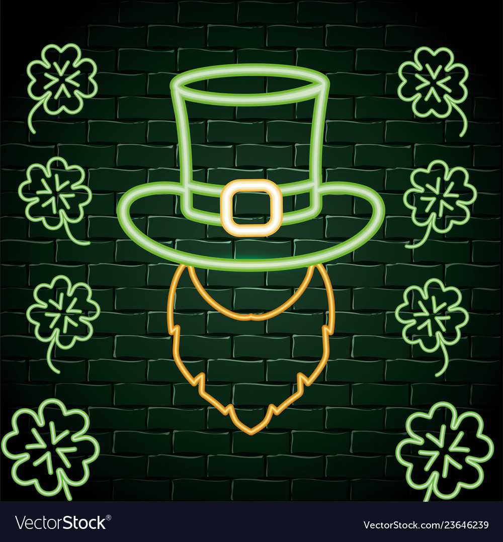 Hat with beard and clovers neon label