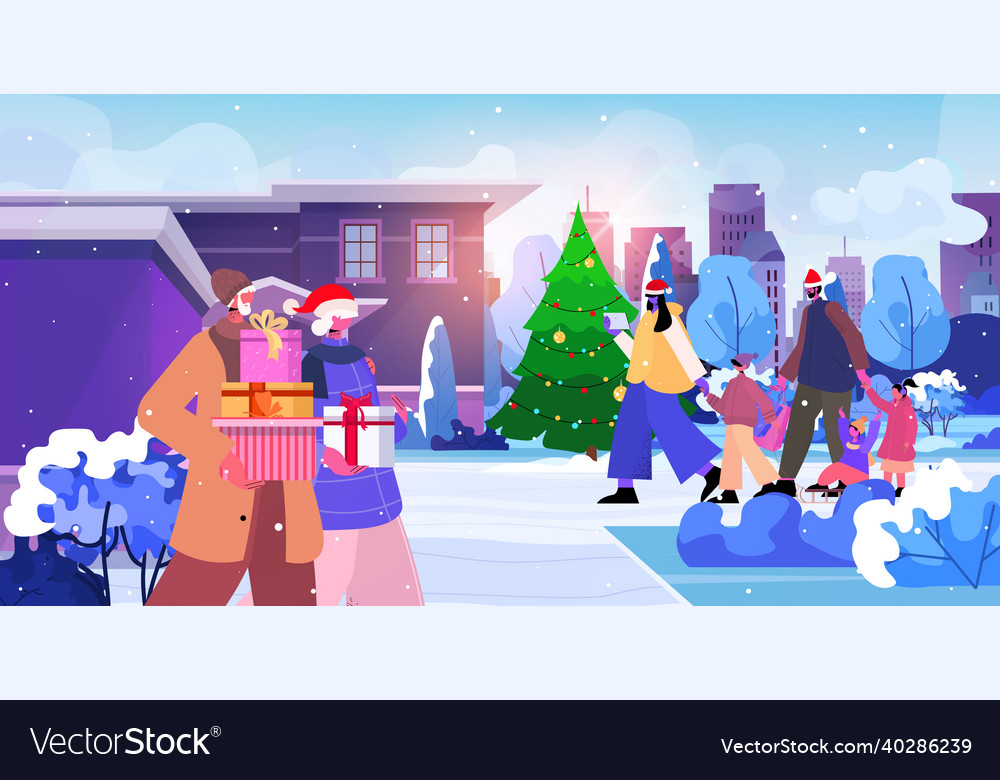 Parents with children in festive hats walking Vector Image