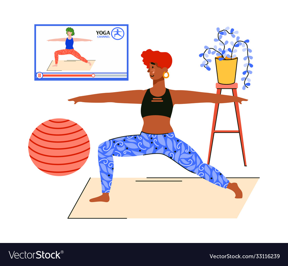 Woman watching online yoga tutorial and stretching vector image Woman watching online yoga tutorial and stretching