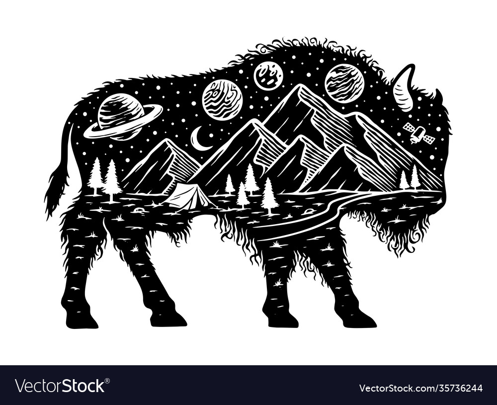 Nature and bison silhouette vector image Nature and bison silhouette