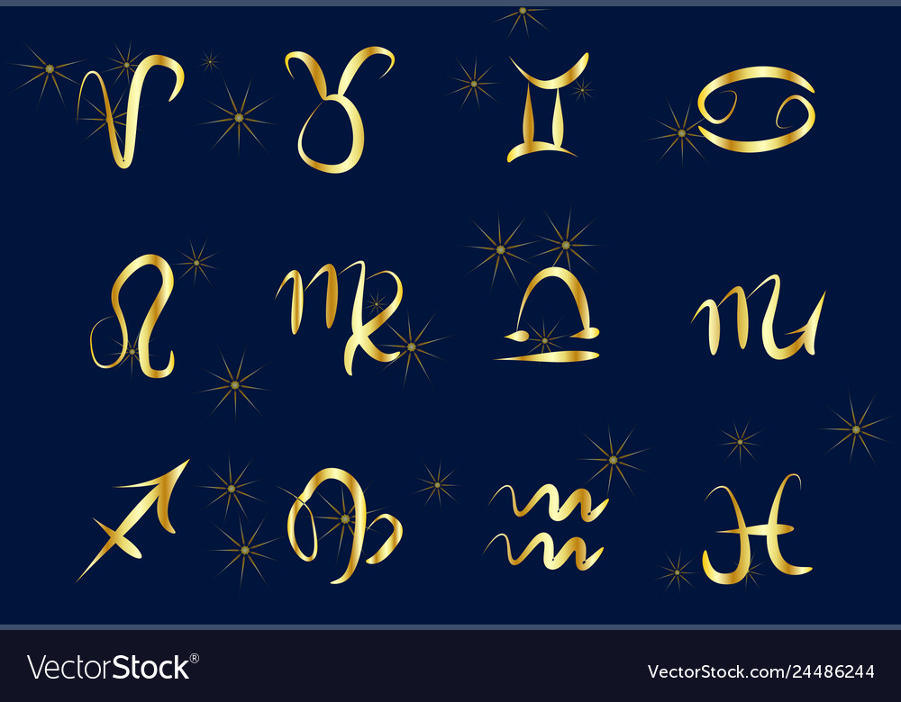 Set of golden zodiac signs on a dark background