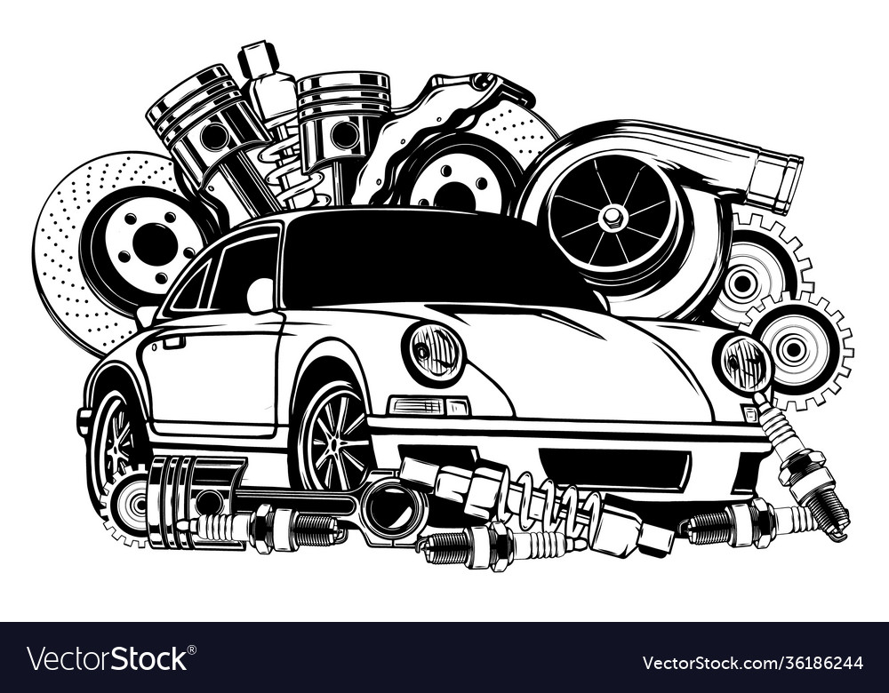 Vintage car and components collection in black Vector Image